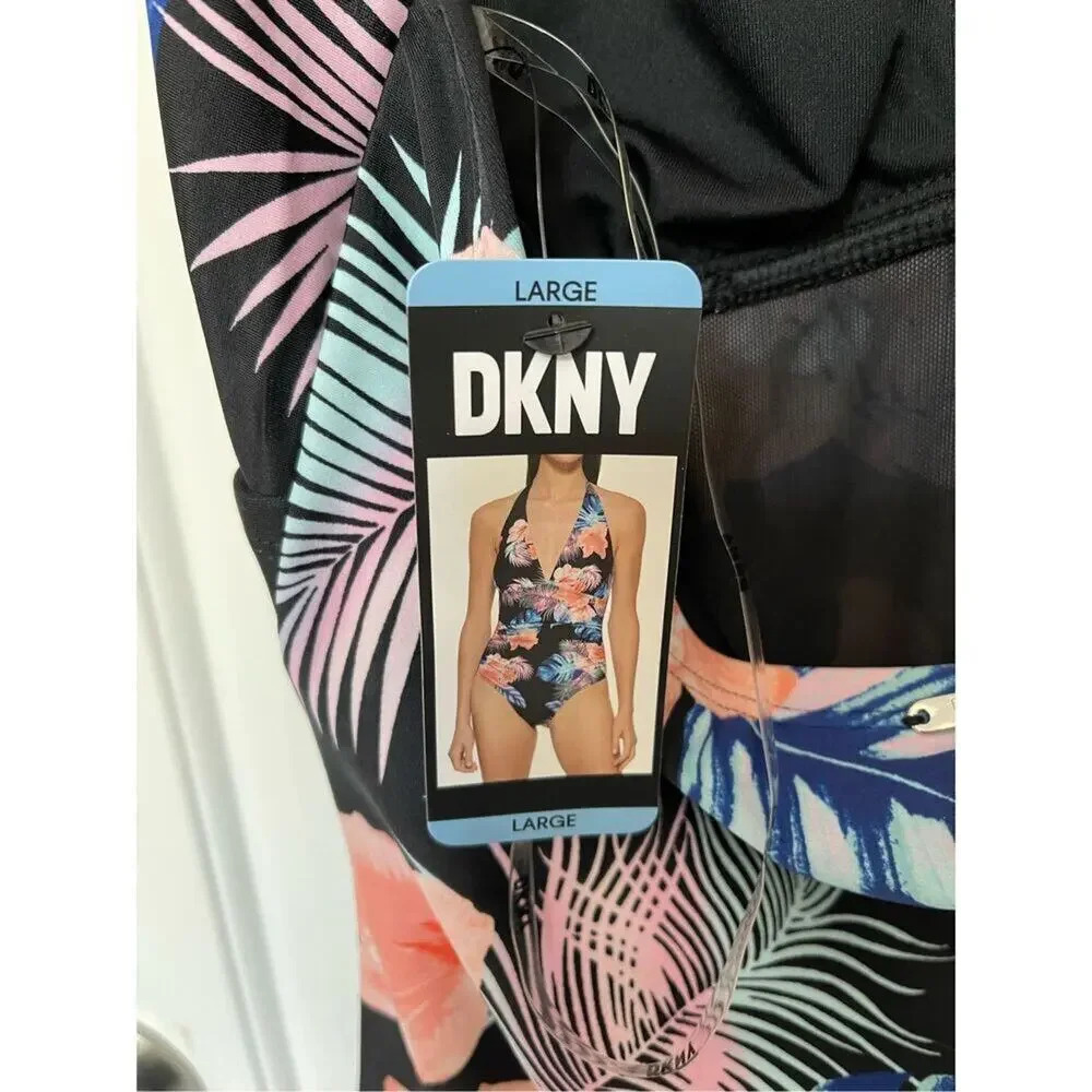 NEW DKNY Women’s Large Halter Shirred Tropical Black Coral Swimsuit NWT‎ - Picture 4 of 4